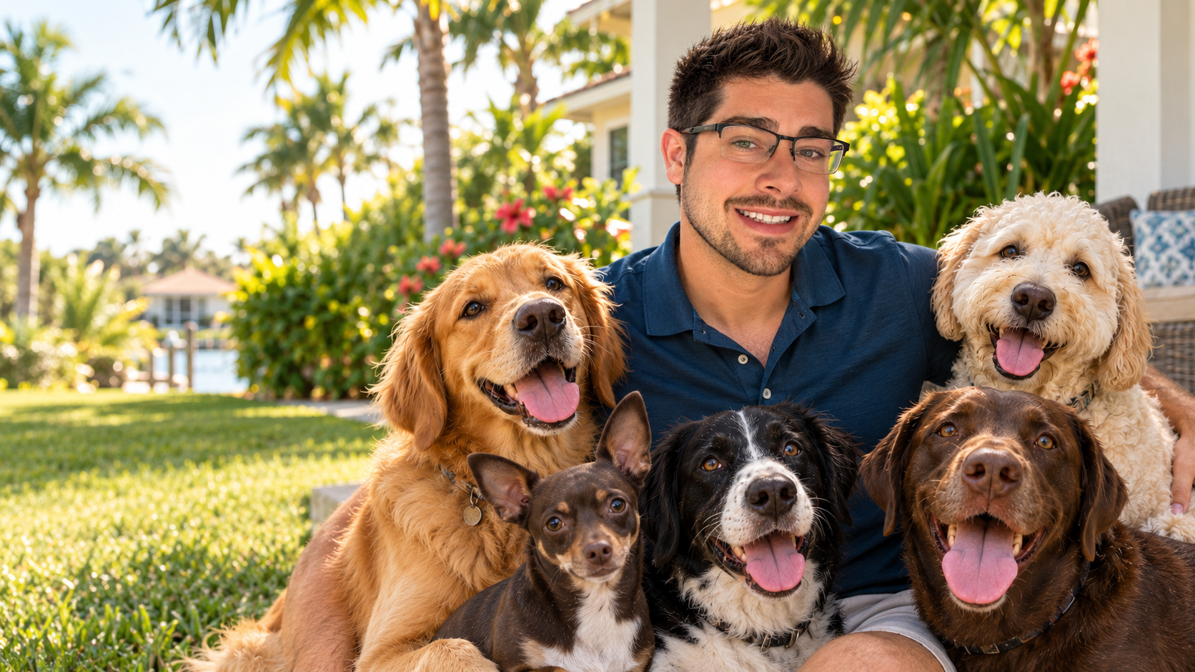 Steve smiling with a group of happy dogs in a sunny Fort Myers yard